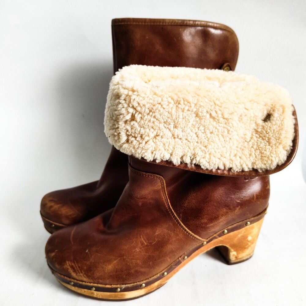 Ugg Boots Size 7 Shearling Brown Lynnea Leather Studded Wood Block Heel Platform